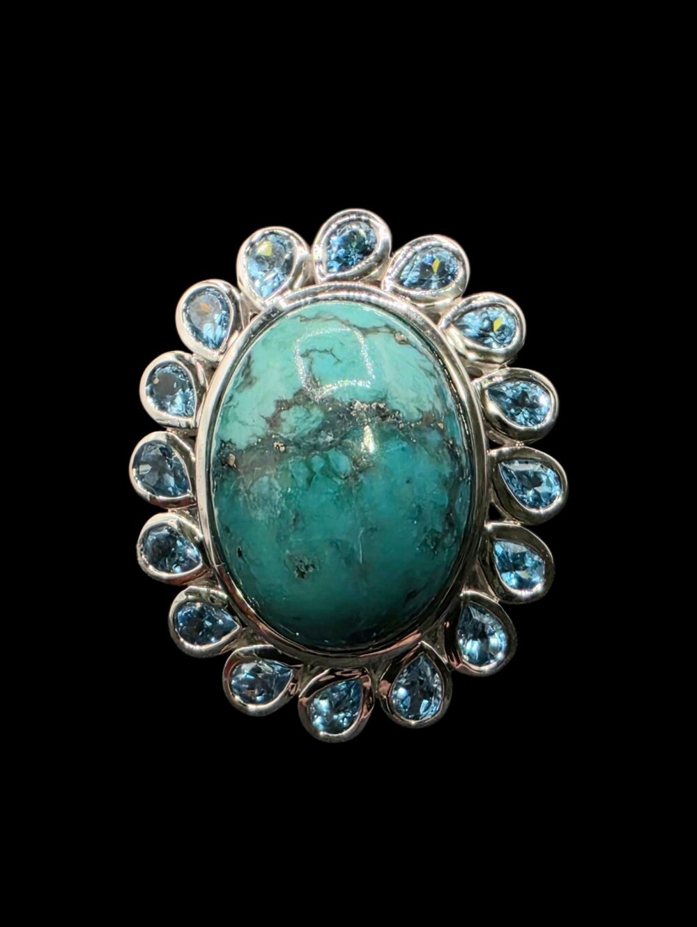 Genuine Frios Turquoise & Swiss Blue Topaz Ring in Solid 925 Sterling Silver